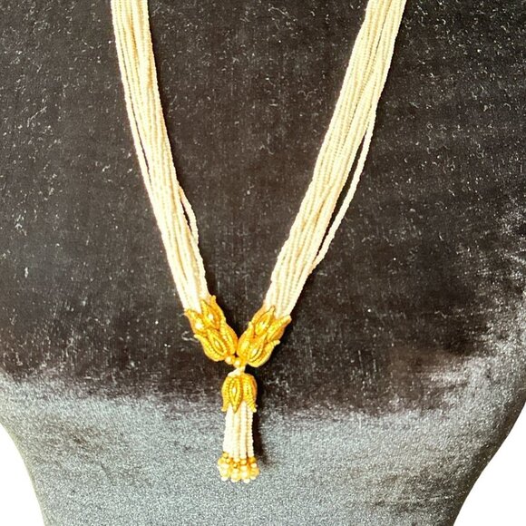Indian Jewelry Lariat Tassel Necklace with Faux Mini Pearls accented with Leaf D - Picture 3 of 8